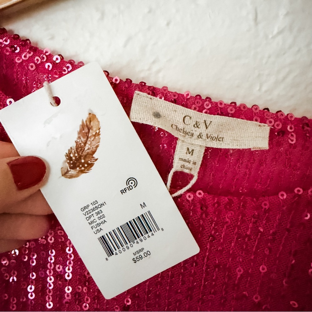 Chelsea & Violet Girls Fushia Sequin Sparkling Long Sleeve Cropped Top - Picture 3 of 5